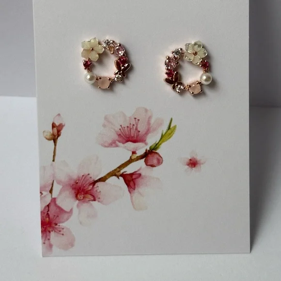 925 Rose Gold Wreath Pink Diamanté White Flower Butterfly Stud Earrings - Picture 4 of 5